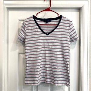 Tommy Hilfiger Women's White V-Neck Tee with Navy and Red Stripes